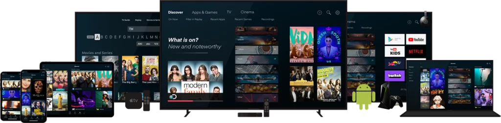 streaming seamlessly across multiple devices: a smart TV displaying live sports, a laptop playing a movie, a tablet showing a TV series, a phone tuned to a news channel, and a compact set-top box connecting it all